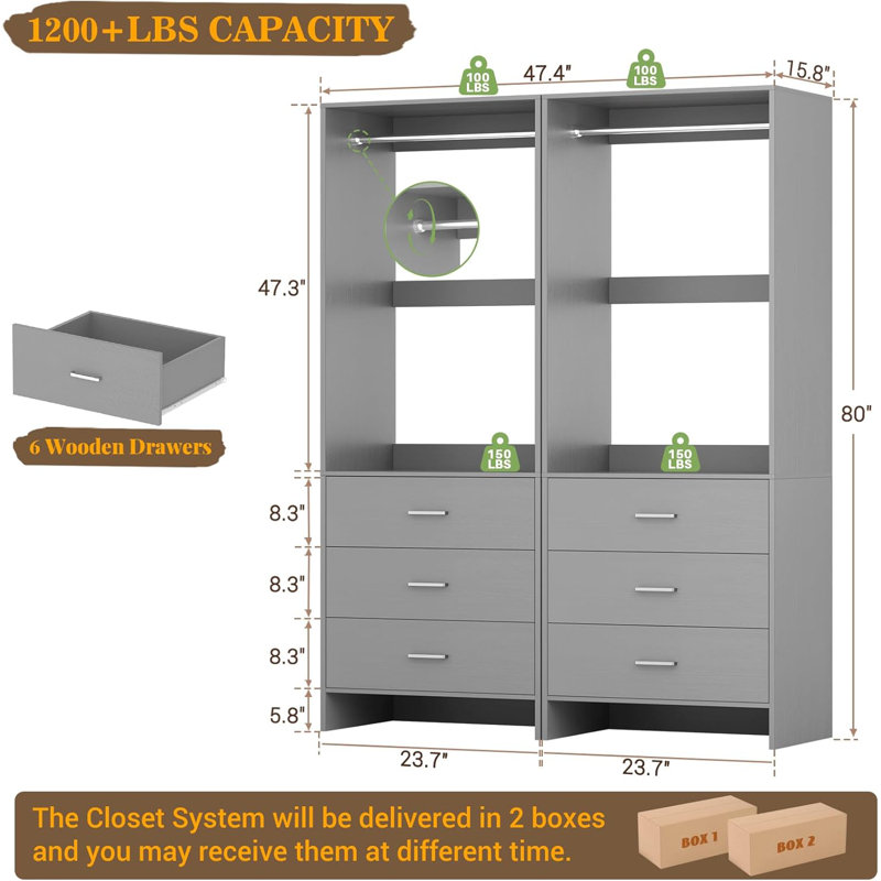 4ft Closet System with Wooden Drawers, Gray