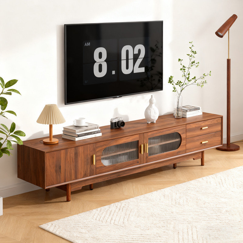 78" Modern TV Stand with Fluted Glass Doors, Entertainment Center for 85 inch TVs with 2 Drawers & Cable Management, Solid Wood Leg Media Console