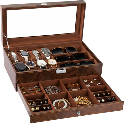 Boîte de rangement pour bijoux à 2 niveaux avec couvercle en verre épais et verrouillable