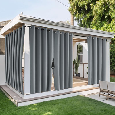 Rideaux d'extérieur imperméables pour patio 2 panneaux, l 54 po x L 84 po, fermeture à glissière, œillets sur le dessus et languette inférieure avec corde, coupe-vent et pare-soleil d'intimité pour pergola, gris