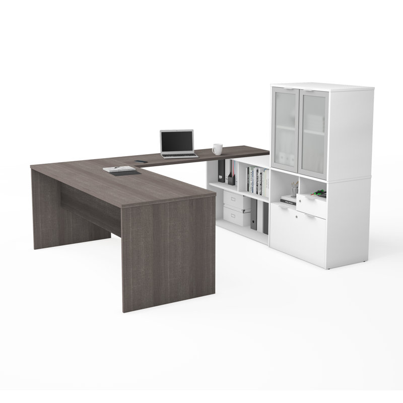 Bureau de direction en U avec huche Azvertua, Gris écorce et blanc