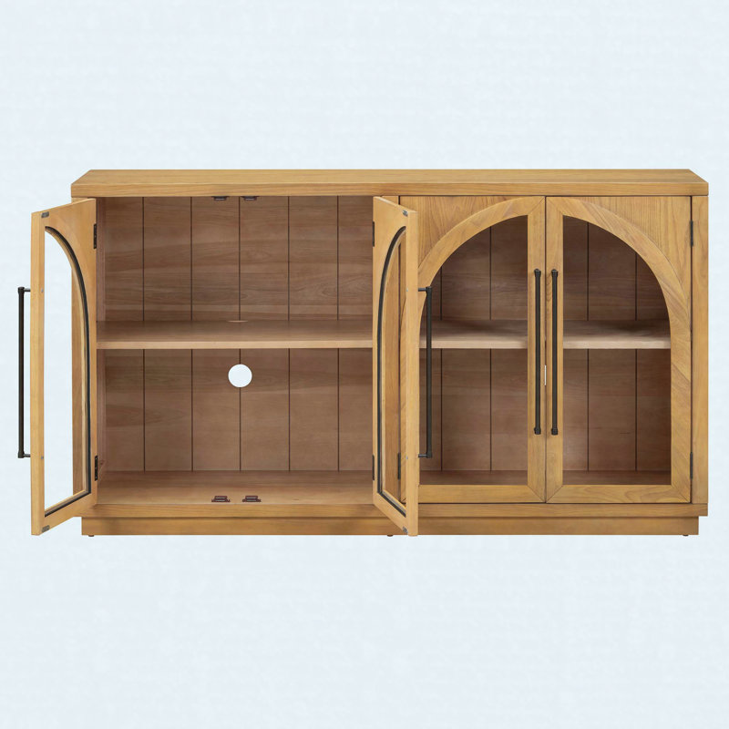 Buffet 4 portes avec rangement et portes vitrées, armoire arquée avec tablettes réglables, Bois naturel