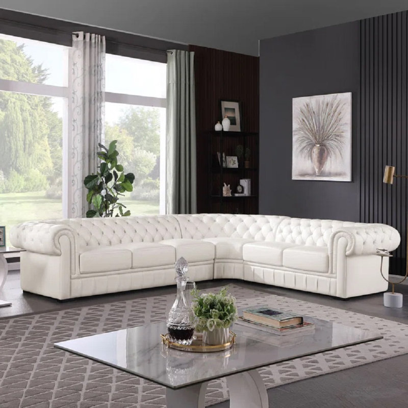 138" Chesterfield Handcrafted Top Grain Cow Genuine leather Sectional, Beige Genuine Leather, Right Hand Facing
