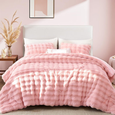 Yikush Fluffy Comforter Set 3 Pieces- Ultra Soft & Warm Faux Fur Comforter With Two Pillowcases For Winter