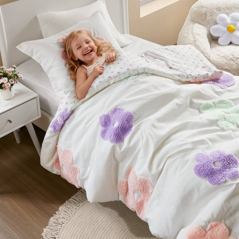 Ensemble de housse de couette 2 pièces Gracie, Housse de couette simple + 1 taie décorative stan, Blanc/mauve