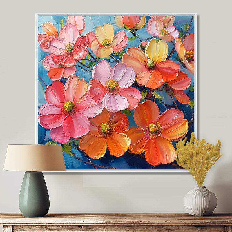 Rose, orange, vibrant, cornouiller I - cornouiller, art mural, salon, Toile encadrée flottée blanche