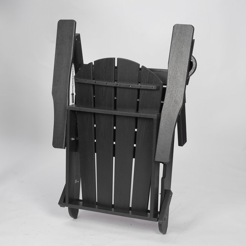Hdpe Folding Adirondack Chair With Dual Cup Holder - Composite Adirondack Chair With Wood Texture, Black