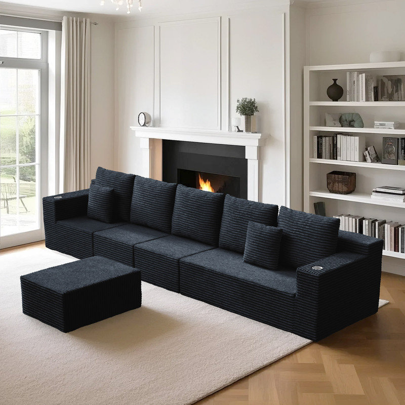 Canapé modulaire en L en velours côtelé avec porte-gobelets et repose-pieds mobile, Velours côtelé noir