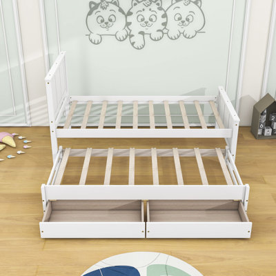 Twin Wooden Platform Bed with Twin Trundle and Drawers