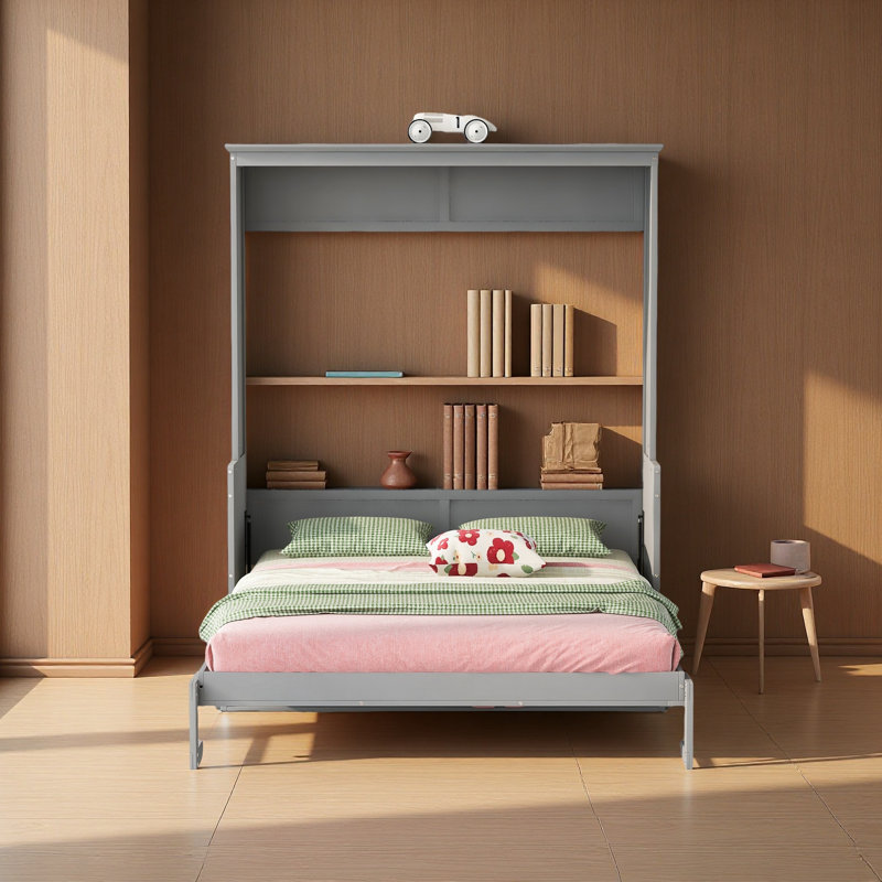 Queen Size Murphy Bed With A Shelf, Gray
