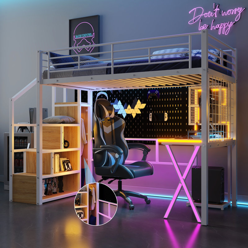 Metal Loft Bed with Built-in Work Station, Wardrobe, Storage Staircase and LED, Twin