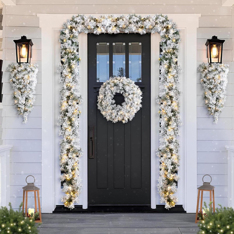Ensemble de 24 couronnes de décoration de Noël pré-éclairées avec guirlandes de neige floquées pour les escaliers de la maison