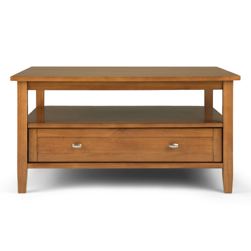 Table basse carrée transitionnelle en bois massif l 36 po avec grand tiroir de rangement et tablette ouverte Warm Shaker