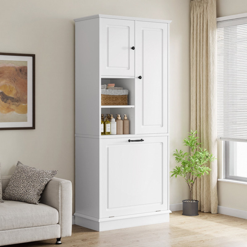 Tall Storage Cabinet with Adjustable Shelves - Large Flip-Out Basket & Enclosed Cabinets, White