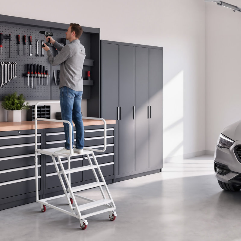Échelle roulante à 4 marches pour entrepôt, escalier mobile industriel en acier allié, avec rampes, marches antidérapantes et roues verrouillables, plateforme robuste pouvant supporter jusqu'à 400 kg (880 lb) pour garage, bibliothèque ou usine.