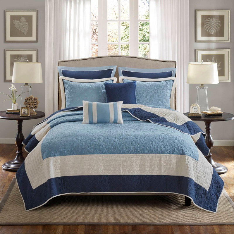 Ensemble de courtepointe 7 pièces avec taies décoratives européennes et coussins décoratifs, bleu marine