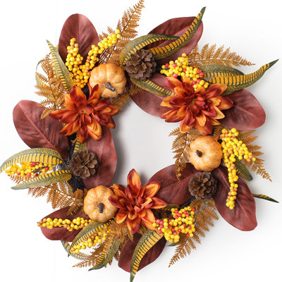 24" Foldable Fall Wreath for Front Door with Pumpkins, Dahlia Flowers, Pinecones & Berries, Autumn Thanksgiving Harvest Decor