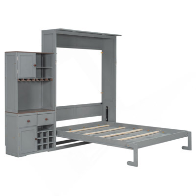 Grand lit escamotable avec armoire de rangement, support à vin, porte-verre, tiroirs et bande DEL multicolore
