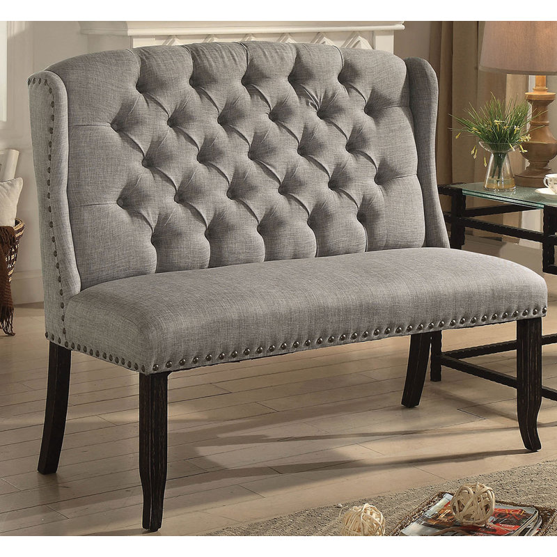 Banc rembourré Aileen, Mélange de lin gris clair, Mélange de lin