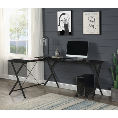 Bureau d'ordinateur Holguin Dazenus au fini noir en forme de L avec plateau spacieux et support d'ordinateur portable, idéal pour les espaces compacts et le multitâche.
