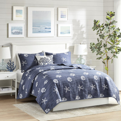Courtepointe en coton bleu marine - 100% avec broderie lavable à la machine 4 pièces, images côtières, facile à nettoyer