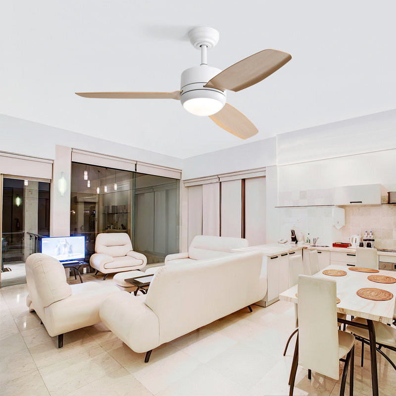 117CM 3-Blade Ceiling Fan with Lights, Remote Control, Light Yellow Wood, White