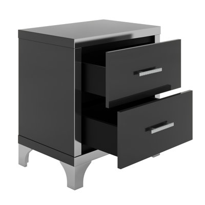 Contemporary High Gloss Nightstand with Metal Handle, 2-Drawer Mirrored Bedside Table for Home Use