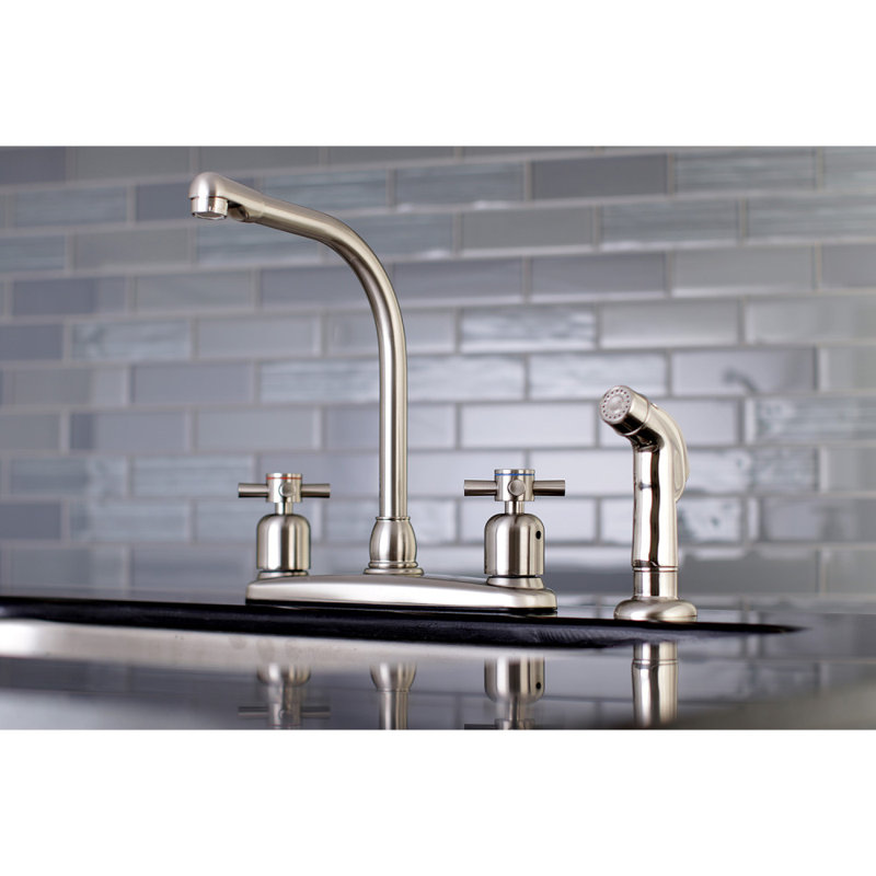 Kingston Brass Concord Two-Handle 4-Hole 8" Centerset Kitchen Faucet with Side Sprayer, Brushed Nickel