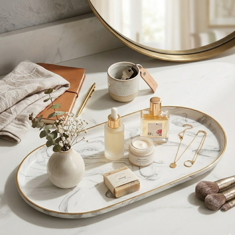 Vanity Tray - Non-Slip Marble Large, 8.19" W x 14.96" D x 0.63" H