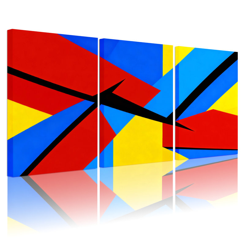 Ensemble de 3 tableaux muraux abstraits géométriques à blocs de couleur sur toile tendue, H 18 po x l 36 po
