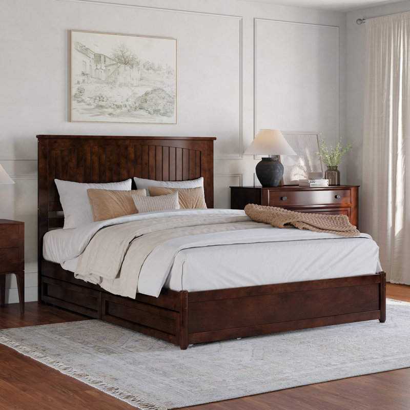 Lamaiyah Solid Wood Platform Bed with Footboard and Storage Drawers, Queen, Walnut