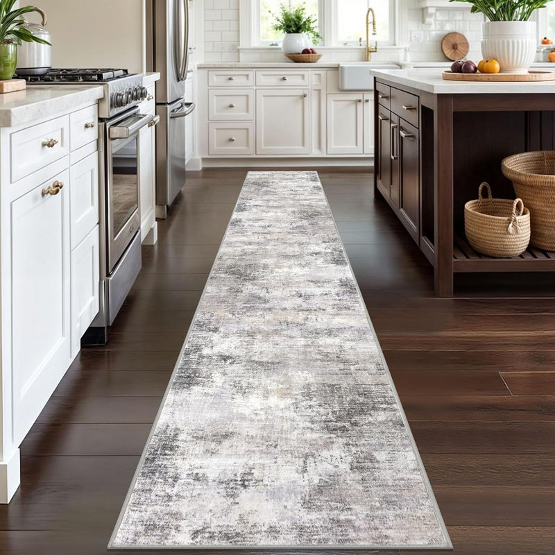 Tapis de cuisine abstrait lavable, Tapis de couloir 2 pi x 12 pi, Gris cendre, beige