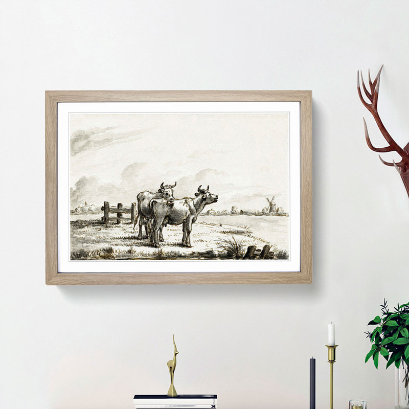 Two Cows in a Meadow by Jean Bernard - Framed Print, 27cm H x 36cm W x 2cm D, Oak Framed