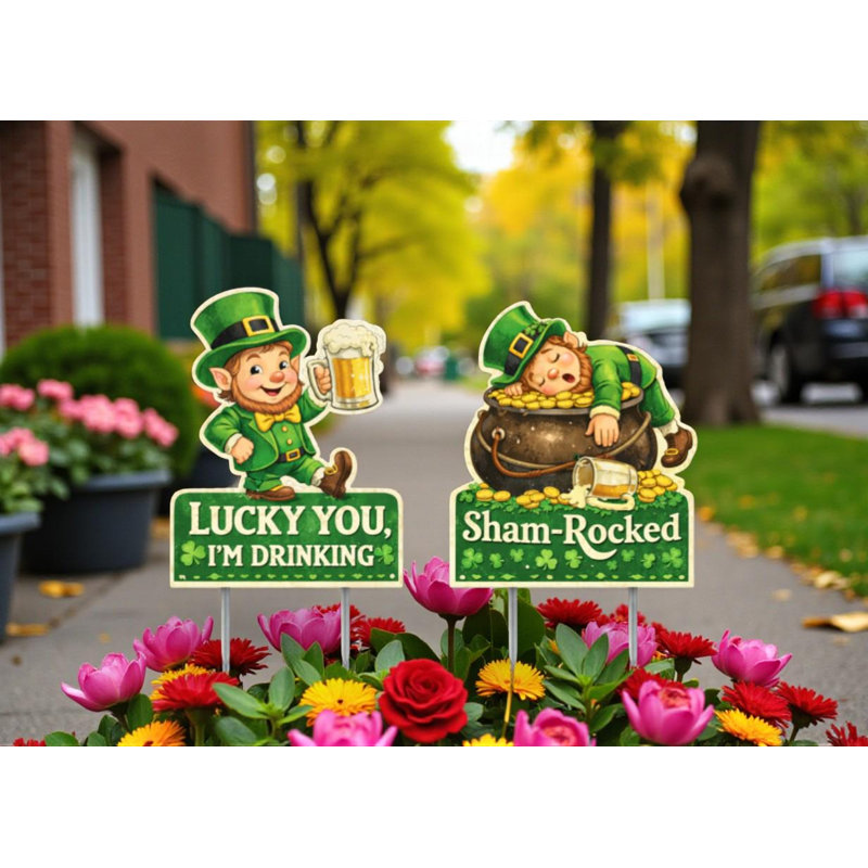 Ensemble de panneaux de jardin pour la Saint-Patrick avec gnomes – Décoration extérieure en PVC de qualité supérieure – 30 cm de hauteur + piquets en métal – Décorations de pelouse réutilisables
