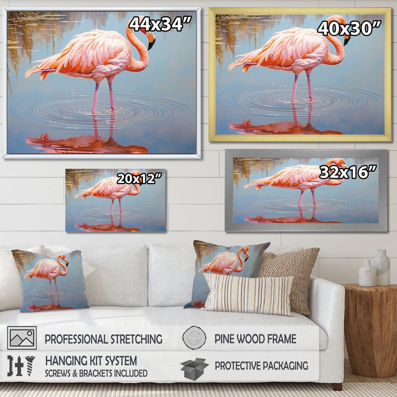 «Pink Flamingo Secret Beauty» sur toile, Cadre flottant blanc, H 12 po x l 20 po