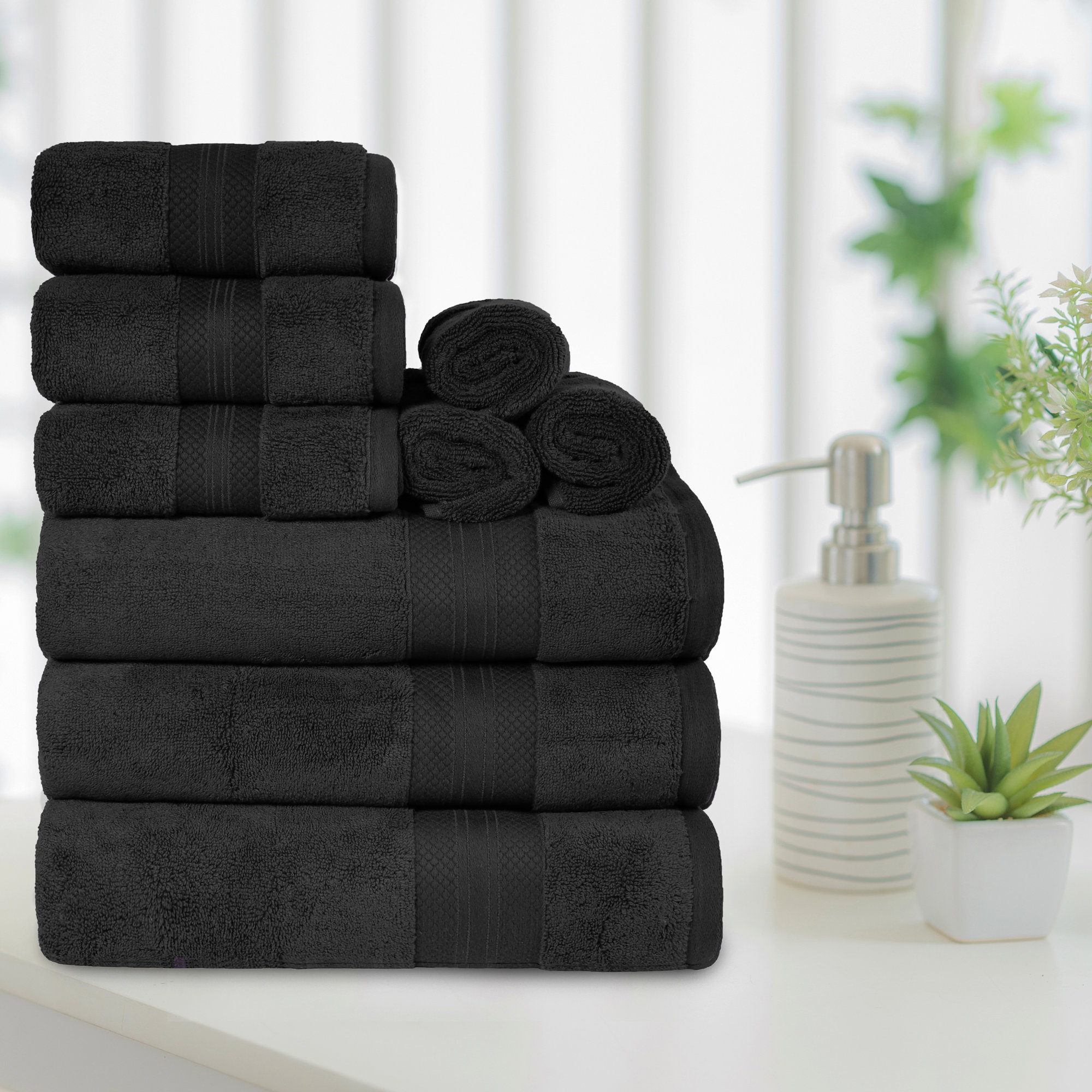 Finnian Ultra-Plush Heavyweight, 100% Turkish Towel Collection, 9 Piece Towel Set, Black