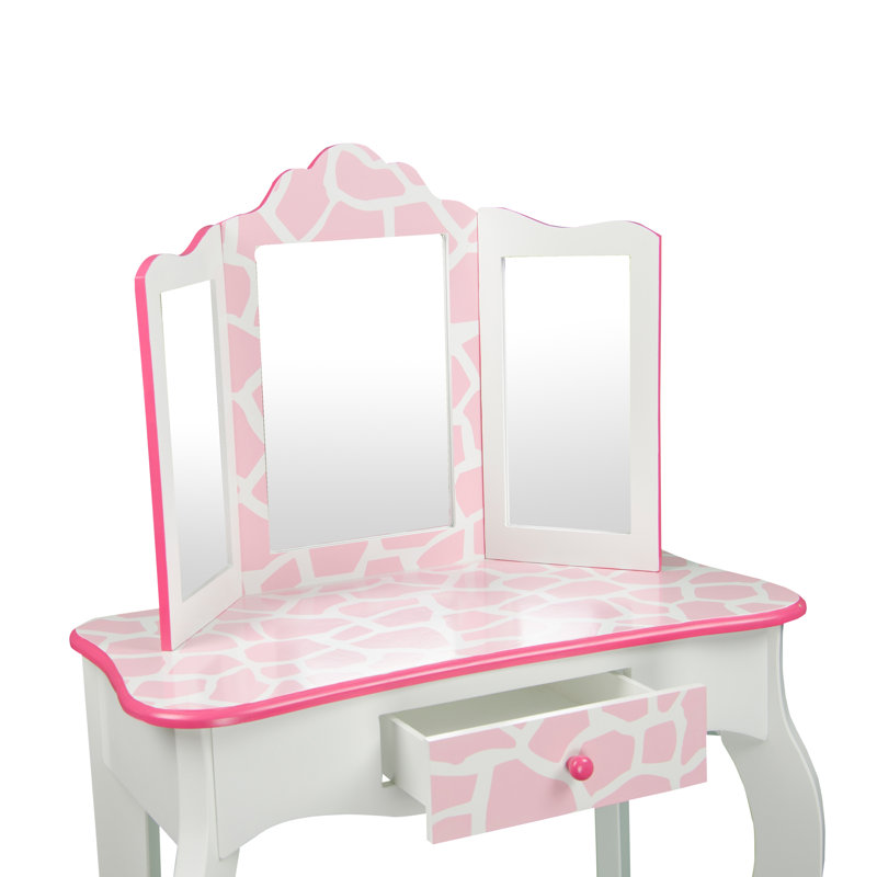 Ensemble de coiffeuse en bois Teamsis pour enfants avec miroir à trois volets, tiroir de rangement, tabouret assorti et table de maquillage pour enfants de 3 ans et plus
