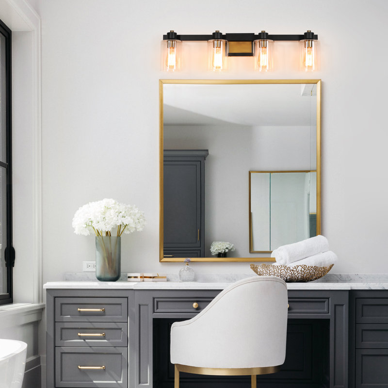 31'' 4-Light Black & Gold Bathroom Vanity Light with Glass Shade, 4 Lights, Gold/Matte Black