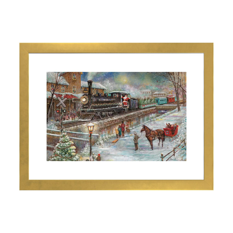Train de Noël par Ruane Manning - reproduction d'art, H 24 po x l 32 po x P 1 po, Papier encadré doré, Blanc