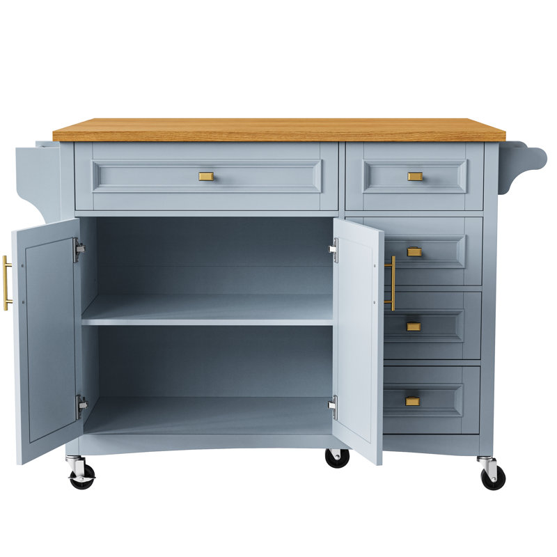 52'' Drop Leaf Kitchen Island, Blue Grey. Spacious Storage With 2 Doors, 5 Drawers, Towel & Spice . Adjustable Shelf. Mobile On Wheels, Lockable. And Oak Veneer. Classic Charm Island Leaf, Abundant