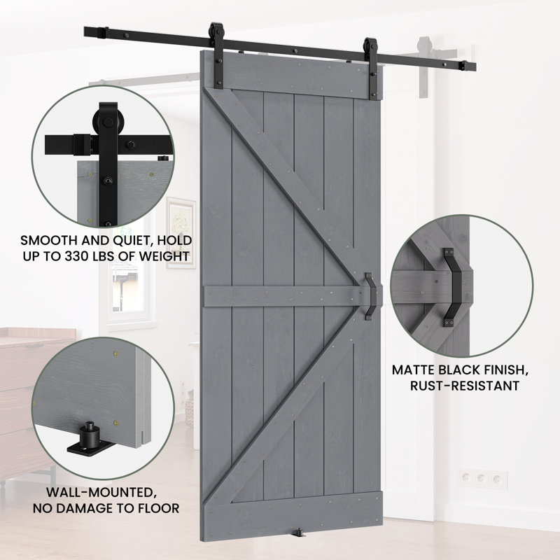 Gray Solid Wood Textured Sliding Barn Door Kit with Metal Hardware