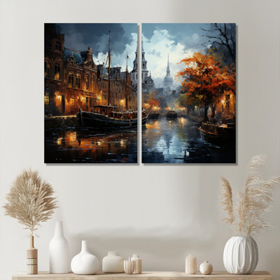 Denmark Amsterdam Canal At Night II - Denmark Large Canvas Prints Set Of 2