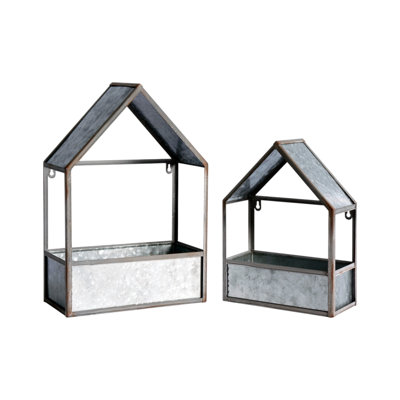 Set of Two Gray Galvanized Metal Novelty House Shaped Hanging Planters