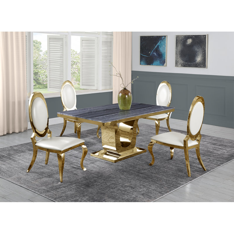 Ensemble de salle à manger en marbre blanc Sipes avec chaises en similicuir blanc Sipes, 5, Blanc / argenté