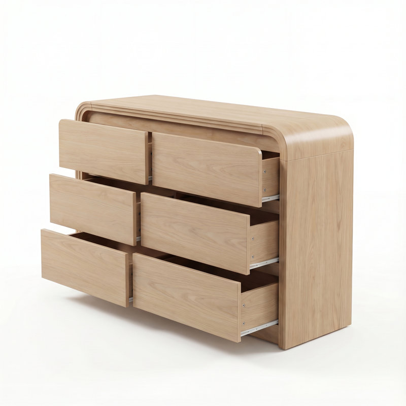Commode 6 tiroirs 47,24 "avec bords arrondis, commode large pour le rangement de la chambre à coucher, Tanné