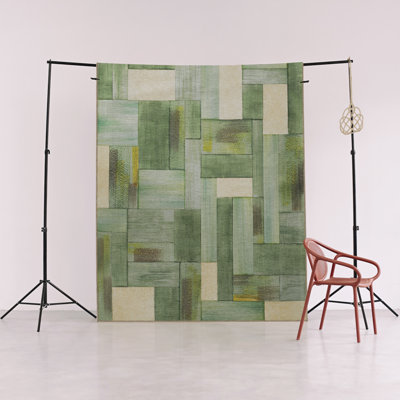 Green Themed Mixed Geometric Rectangle Shape Patterned Modern Decorative Rug