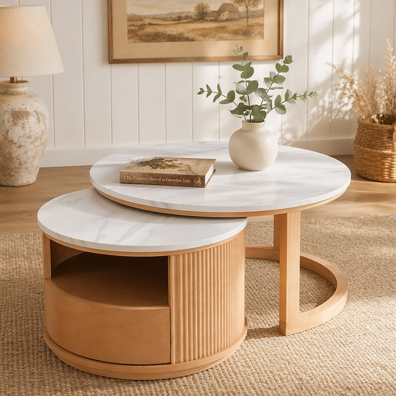 Élégante table basse gigogne avec plateau en marbre, rangement à deux niveaux et tiroir, idéale pour les espaces de vie organisés et élégants
