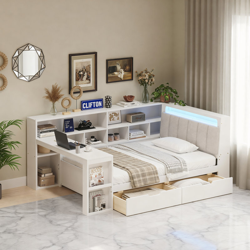 Lit de jour en bois avec bureau et bibliothèque de rangement, Blanc