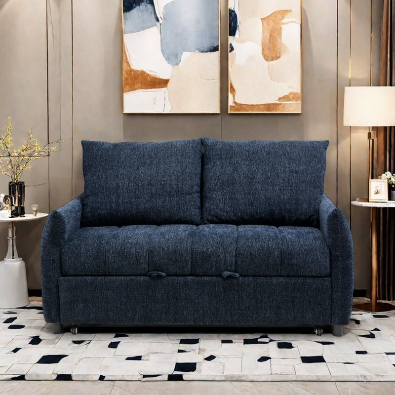 Canapé futon bleu marine avec dossier réglable, rangement et dossier en tissu confortable