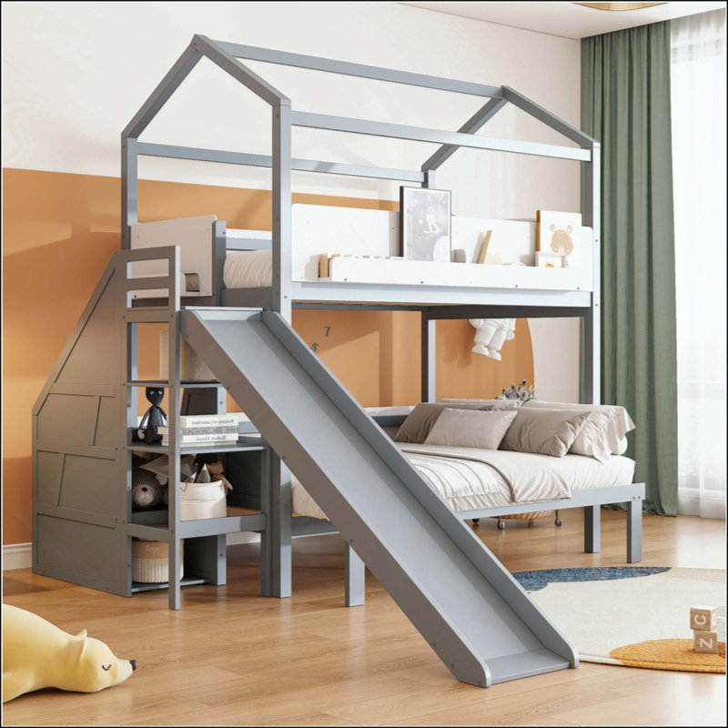 Lit superposé en bois en forme de maison avec glissière et escalier de rangement, cadre de lit pour enfants, Gris / Blanc